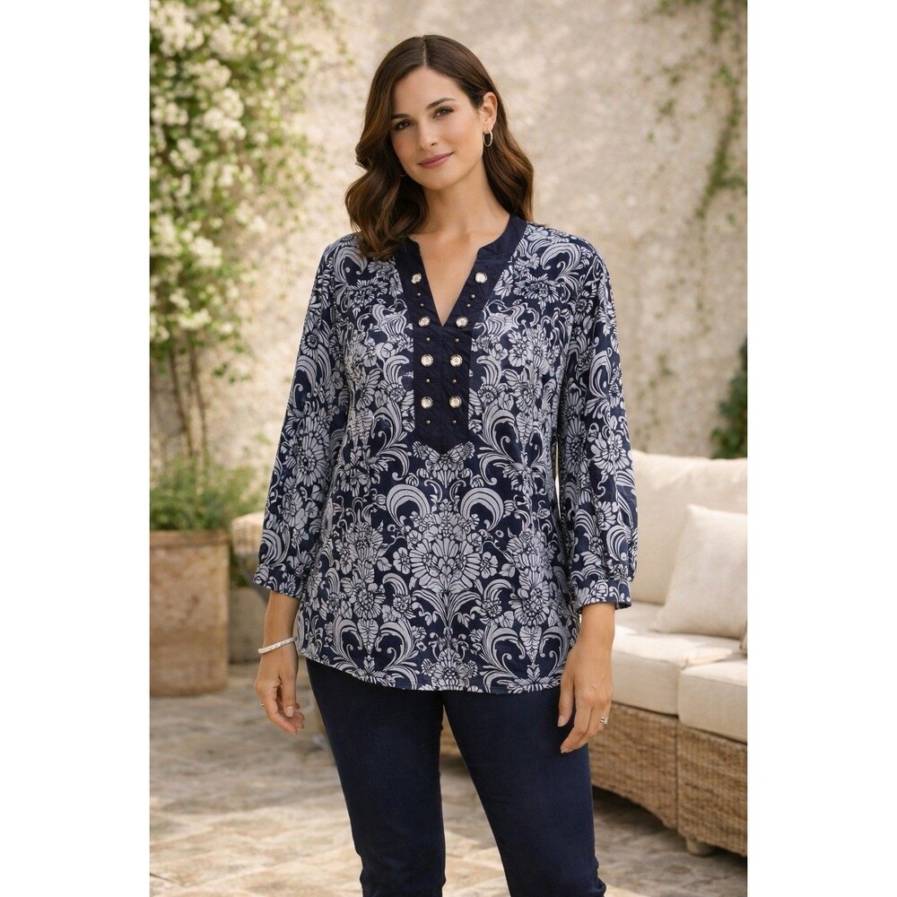 Lane Bryant Women’s Blue Blouse Shirt Longsleeve Floral Design Classic Sz 18/20